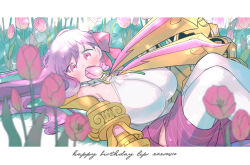 Rule 34 | 1girl, blush, breasts, character name, dated, fate/grand order, fate (series), flower, hair between eyes, happy birthday, huge breasts, letterboxed, long hair, looking at viewer, lying, mechanical arms, on back, oneroom-disco, passionlip (fate), pink eyes, pink flower, purple hair, red ribbon, ribbon, solo, thighhighs, tulip, white thighhighs