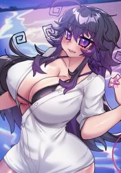 Rule 34 | ahegao, animated, animated gif, beach, bikini, bikini under clothes, blush, breasts, cum, cum on body, highres, huge breasts, large areolae, large breasts, nude, nyarla (osiimi), open mouth, osiimi, purple eyes, purple hair, see-through, side-tie bikini bottom, smile, stomach, swimsuit, thick thighs, thighs, tongue, tongue out, wide hips