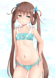 Rule 34 | 1girl, :&lt;, asagumo (kancolle), bad id, bad pixiv id, bare arms, bare shoulders, bikini, blue background, blue bikini, blue bow, blush, bow, closed mouth, collarbone, cowboy shot, flat chest, gluteal fold, green eyes, hair bow, hair rings, hand on own hip, kantai collection, long hair, looking away, looking to the side, navel, ne an ito, ribbon, solo, stomach, swimsuit, twintails, very long hair, white ribbon