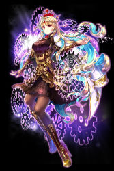 Rule 34 | 1girl, black background, blonde hair, blue hair, boots, brown dress, brown footwear, dress, flower, gears, gl ztoh, hair flower, hair ornament, high heel boots, high heels, jacket, jacket on shoulders, long hair, looking to the side, multicolored hair, official art, aged up, pantyhose, pink eyes, presty (soccer spirits), smile, soccer spirits, solo, standing, two-tone hair, very long hair, white jacket
