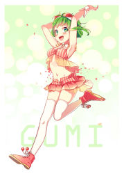 Rule 34 | 1girl, :d, antenna hair, armpits, arms up, blurry, blush, bokeh, character name, cherry blossoms, commentary request, crop top, depth of field, frilled shirt, frills, full body, goggles, goggles on head, green background, green eyes, green hair, groin, gumi, highres, leg up, looking at viewer, miniskirt, navel, nou (nounknown), open mouth, petals, pink footwear, pink shirt, pink skirt, red-tinted eyewear, running, sakura gumi, shirt, shoes, short hair with long locks, skindentation, skirt, sleeveless, sleeveless shirt, smile, solo, stomach, thighhighs, tinted eyewear, vocaloid, white thighhighs, wrist cuffs