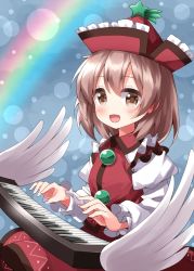 Rule 34 | 1girl, :d, blue background, blush, brown eyes, brown hair, frilled shirt collar, frills, hair between eyes, hat, highres, instrument, juliet sleeves, keyboard (instrument), long sleeves, looking at viewer, lyrica prismriver, open mouth, puffy sleeves, rainbow, red skirt, red vest, ruu (tksymkw), shirt, short hair, skirt, smile, solo, touhou, upper body, vest, white shirt