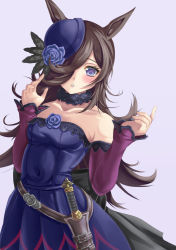 Rule 34 | 1girl, animal ears, bare shoulders, black hair, blue dress, blue eyes, blue flower, blue hat, blue rose, blush, breasts, collarbone, commentary request, covered navel, dagger, dress, flower, hair over one eye, hands up, hat, hat flower, horse ears, knife, long hair, long sleeves, looking at viewer, off-shoulder dress, off shoulder, parted lips, purple background, rice shower (umamusume), rose, simple background, sleeves past wrists, small breasts, solo, tilted headwear, umamusume, very long hair, weapon, yumibakama meme