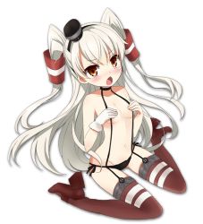 Rule 34 | 10s, 1girl, amatsukaze (kancolle), black panties, blush, breasts, brown eyes, choker, covering breasts, covering privates, fang, garter straps, gloves, groin, kantai collection, kurot, lace, lace-trimmed panties, lace trim, long hair, looking at viewer, navel, open mouth, panties, red thighhighs, side-tie panties, silver hair, simple background, single glove, small breasts, solo, striped clothes, striped thighhighs, thighhighs, twintails, two side up, underwear, underwear only, white background