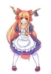 Rule 34 | 1girl, alternate costume, apron, arms behind back, blush, bow, enmaided, flat chest, frilled apron, frills, grin, hair bow, highres, horn ornament, horn ribbon, horns, ibuki suika, long hair, low-tied long hair, maid, maid apron, mary janes, matching hair/eyes, monorus, orange eyes, orange hair, pantyhose, pigeon-toed, puffy short sleeves, puffy sleeves, ribbon, shoes, short sleeves, smile, solo, standing, touhou, very long hair, white pantyhose