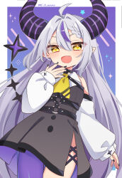 Rule 34 | 1girl, ahoge, ascot, black horns, black nails, braid, braided bangs, fang, grey hair, highres, hololive, horns, la+ darknesss, la+ darknesss (1st costume), long hair, looking at viewer, multicolored hair, nail polish, naka, open mouth, pointy ears, purple hair, smile, solo, streaked hair, striped horns, virtual youtuber, yellow ascot, yellow eyes