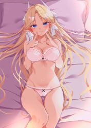Rule 34 | 1girl, absurdres, azur lane, bed, blonde hair, blue eyes, bra, breasts, brest (azur lane), cleavage, finger to own chin, from above, hands on own chest, highres, lace, lace-trimmed bra, lace-trimmed panties, lace trim, large breasts, lingerie, long hair, looking at viewer, lying, on back, on bed, origami aya, panties, pillow, pink bra, pink panties, pointy ears, solo, underwear, underwear only, white trim
