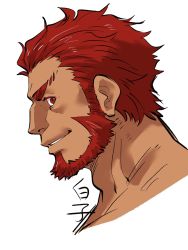 Rule 34 | 1boy, bara, cropped shoulders, dark-skinned male, dark skin, fate/zero, fate (series), from side, highres, iskandar (fate), looking at viewer, male focus, mature male, portrait, red eyes, red hair, shirako (kirupi), short hair, smile, solo, thick eyebrows