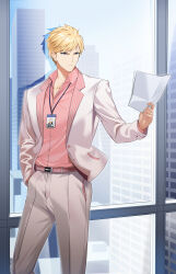 Rule 34 | 1boy, against glass, against window, alternate hair color, belt, blonde hair, building, business suit, city, closed mouth, closers, collared shirt, cowboy shot, dress shirt, formal, grey eyes, hand in pocket, hand up, highres, holding, holding paper, id card, j (closers), jacket, lanyard, long sleeves, looking ahead, male focus, official art, open clothes, open jacket, pants, paper, pink belt, pink shirt, salaryman, shirt, shirt tucked in, short hair, skyscraper, solo, standing, suit, suit jacket, v-shaped eyebrows, white jacket, white pants, window