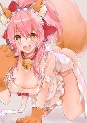 Rule 34 | 1girl, all fours, animal ear fluff, animal ears, animal hands, apron, arm garter, back bow, bare shoulders, bell, blush, bow, breasts, buckle, cat hair ornament, claws, cleavage, collar, fang, fangs, fate/grand order, fate (series), fox ears, fox girl, fox tail, frills, gloves, hair bow, hair ornament, highres, jingle bell, large breasts, long hair, looking at viewer, maid apron, naked apron, open mouth, paw gloves, pink hair, ponytail, red bow, ringed eyes, sideboob, sirom, skin fang, smile, solo, tail, tamamo (fate), tamamo cat (fate), tamamo cat (third ascension) (fate), white background, white bow, yellow eyes