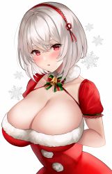 Rule 34 | 1girl, :o, alternate costume, azur lane, bell, blush, bow, bowtie, breasts, commentary request, detached collar, detached sleeves, hairband, highres, jingle bell, large breasts, looking at viewer, neck bell, open mouth, red eyes, santa costume, short hair, short sleeves, sirius (azur lane), snowflakes, solo, striped bow, striped bowtie, striped clothes, upper body, white background, white hair, yukinimaru