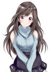Rule 34 | 1girl, alternate costume, blush, breasts, brown eyes, brown hair, commentary request, idolmaster, idolmaster shiny colors, large breasts, long hair, long sleeves, looking at viewer, nannacy7, ribbed sweater, simple background, smile, solo, sweater, tsukioka kogane, turtleneck, white background