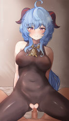 Rule 34 | 1boy, 1girl, ahoge, bare shoulders, bell, black bodysuit, blue hair, bodysuit, breasts, censored, cla (finesoda), clothed female nude male, covered navel, cowbell, cowgirl position, erection, ganyu (genshin impact), genshin impact, girl on top, half-closed eyes, heart, highres, horns, long hair, looking at viewer, lying, medium breasts, mosaic censoring, nude, on back, penis, pov, purple eyes, pussy, sex, small penis, smile, straddling, sweatdrop, torn bodysuit, torn clothes