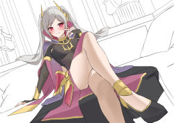Rule 34 | 1girl, absurdres, blush, breasts, bridal gauntlets, cleavage, cloak, couch, crossed legs, cushion, fire emblem, fire emblem awakening, fire emblem heroes, gold trim, grima (fire emblem), hair ornament, hand to own mouth, highres, long hair, medium breasts, nintendo, on couch, possessed, red eyes, robin (female) (fire emblem), robin (fire emblem), see-through, see-through cleavage, shizukugu03, sitting, smile, solo, twintails, white hair