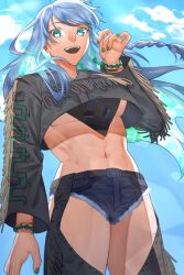Rule 34 | 1girl, blue hair, breasts, colored inner hair, fate/grand order, fate (series), green eyes, green hair, green nails, hamanekoko, highres, kukulkan (fate), kukulkan (first ascension) (fate), large breasts, midriff, multicolored hair, nail polish, open mouth, short shorts, shorts, solo, underboob, upper body