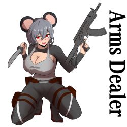 Rule 34 | 1girl, alternate breast size, animal ears, black pants, blush, breasts, cape (odichannocookie), cleavage, commentary request, cookie (touhou), english text, full body, grey hair, grey tank top, gun, hair between eyes, highres, holding, holding gun, holding knife, holding weapon, kalashnikov rifle, knife, large breasts, looking at viewer, mouse ears, mouse girl, nazrin, nyon (cookie), open mouth, pants, pouch, red eyes, reverse grip, short hair, shrug (clothing), simple background, smile, solo, squatting, tank top, touhou, weapon, white background