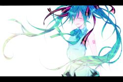 Rule 34 | 1girl, adapted costume, aqua hair, bad id, bad pixiv id, border, bow, bowtie, closed eyes, colored eyelashes, eyelashes, gradient hair, hair ribbon, hatsune miku, ibuki (ukrock31), letterboxed, long hair, multicolored hair, open mouth, pleated skirt, ribbon, shirt, simple background, skirt, sleeveless, sleeveless shirt, solo, twintails, ukrock31, vocaloid, voice (vocaloid)