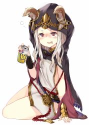 Rule 34 | 10s, 1girl, animal ears, blush, can, cape, cat ears, dress, drink can, drooling, ears through headwear, gauntlets, granblue fantasy, highres, hood, long hair, monobe tsukuri, open mouth, red eyes, scathacha (granblue fantasy), silver hair, sitting, smile, soda can, solo, white dress