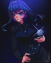 Rule 34 | 1girl, black pants, black shirt, blue background, blue eyes, blue hair, blue necktie, blue vest, chain, closed mouth, collared shirt, cowboy shot, earrings, glint, hand on own hip, highres, holding, hololive, hololive english, jewelry, loen, looking at viewer, necktie, ouro kronii, pants, pocket watch, shirt, sidelocks, solo, twitter logo, twitter username, vest, virtual youtuber, watch, wing collar