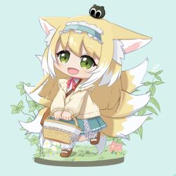 Rule 34 | 1girl, :d, ame (mito4104), animal ear fluff, animal ears, ankle socks, arknights, bag, basket, black cat, blonde hair, blunt ends, blush, bobby socks, brown bag, brown footwear, cardigan, cat, chibi, commentary, creature on head, cross-laced clothes, cross-laced skirt, cross-laced slit, crossover, fang, fox ears, fox girl, fox tail, frilled hairband, frills, full body, green eyes, green hairband, green skirt, hairband, heixiu, high-waist skirt, highres, holding, holding basket, kitsune, kyuubi, long hair, long sleeves, luo xiaohei zhanji, mary janes, multicolored hair, multiple tails, neck ribbon, official alternate costume, on head, open cardigan, open clothes, open mouth, puffy long sleeves, puffy sleeves, red ribbon, ribbon, shirt, shoes, shoulder bag, skin fang, skirt, smile, socks, solo, suzuran (arknights), suzuran (spring praise) (arknights), tail, two-tone hair, white hair, white shirt, white socks, yellow cardigan