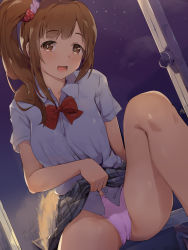 Rule 34 | 1girl, :d, bow, breasts, brown eyes, brown hair, chair, clothes lift, collared shirt, commentary request, dress shirt, grey skirt, hair ornament, hair scrunchie, highres, idolmaster, idolmaster cinderella girls, igarashi kyoko, indoors, knee up, lifted by self, looking at viewer, night, open mouth, panties, pink panties, pink scrunchie, polka dot, polka dot scrunchie, red bow, red scrunchie, school chair, scrunchie, seneto, shirt, short sleeves, side ponytail, sidelocks, sitting, skirt, skirt lift, small breasts, smile, solo focus, underwear, white shirt, window