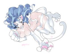 Rule 34 | 1girl, animal ears, animal hands, bad id, bad pixiv id, big hair, blue eyes, blue hair, cat paws, cat tail, fang, felicia (vampire), fishine, matching hair/eyes, one eye closed, open mouth, signature, solo, tail, vampire (game), white background