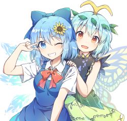 Rule 34 | 2girls, antennae, aqua hair, arm up, blouse, blue dress, blue eyes, blue hair, bow, brown eyes, cirno, dress, eternity larva, fairy wings, flower, green dress, hair bow, hair ornament, hand on shoulder, highres, ice, ice wings, kaoling, leaf, leaf hair ornament, leaf on head, looking at viewer, multicolored clothes, multicolored dress, multiple girls, no wings, one eye closed, open mouth, outstretched arms, red bow, red ribbon, ribbon, salute, shirt, short hair, sleeveless, sunflower, touhou, two-finger salute, white background, white shirt, wing collar, wings