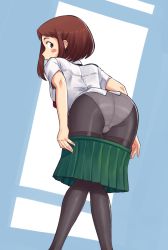 Rule 34 | 10s, 1girl, ass, bent over, black pantyhose, blush, boku no hero academia, brown eyes, brown hair, clothes pull, collared shirt, highres, looking back, panties, pantyhose, parted lips, pleated skirt, see-through, shirt, short hair, short sleeves, skirt, skirt pull, solo, suoiresnu, underwear, undressing, unseriousguy, uraraka ochako