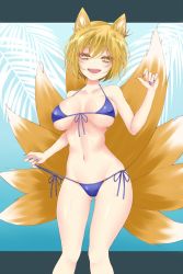 Rule 34 | 1girl, :d, alternate costume, animal ear fluff, animal ears, arm up, bare shoulders, bikini, blonde hair, blue bikini, blue nails, blush, breasts, collarbone, commentary request, dai zu san, eyelashes, fangs, fingernails, fox ears, fox tail, hair between eyes, highres, kitsune, knees, large breasts, letterboxed, looking at viewer, multiple tails, nail polish, navel, open mouth, sharp fingernails, shiny skin, short hair, slit pupils, smile, solo, standing, stomach, string bikini, string pull, sweat, swimsuit, tail, thighs, tongue, touhou, yakumo ran, yellow eyes