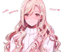 Rule 34 | 1boy, alternate hairstyle, bad id, bad pixiv id, blonde hair, blush, fire emblem, fire emblem fates, flower, forrest (fire emblem), hair between eyes, hair down, hair flower, hair ornament, happy birthday, long hair, looking at viewer, male focus, nintendo, red eyes, ribbed sweater, simple background, smile, solo, sophie (693432), sweater, trap, turtleneck, white background