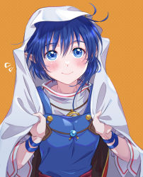 Rule 34 | 1girl, ahoge, blue eyes, blue hair, blush, cape, closed mouth, crescent, crescent hair ornament, hair ornament, hood, jewelry, looking at viewer, pointy ears, red cape, rena lanford, short hair, simple background, smile, solo, star ocean, star ocean the second story