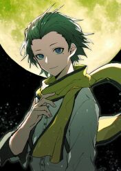 Rule 34 | 1boy, a d chi, black hair, blue eyes, closed mouth, full moon, green hair, highres, long sleeves, looking at viewer, male focus, mochizuki ryouji, mole, mole under eye, moon, persona, persona 3, scarf, shirt, solo, suspenders, upper body, white shirt, yellow scarf