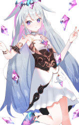 Rule 34 | 1girl, absurdres, armpits, blush, breasts, bridal gauntlets, chest jewel, collar, colored inner hair, detached collar, dress, grey hair, highres, holoadvent, hololive, hololive english, koseki bijou, koseki bijou (1st costume), long hair, looking at viewer, multicolored hair, pink hair, purple eyes, small breasts, smile, solo, v, vanssey, virtual youtuber, white background, white bridal gauntlets, white collar, white dress