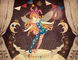 Rule 34 | 1girl, american flag dress, american flag legwear, bad id, bad twitter id, blush, character name, clownpiece, crescent, curtains, fairy wings, full body, hat, jester cap, long hair, looking at viewer, looking back, orange hair, outstretched arms, pantyhose, print pantyhose, red eyes, short sleeves, solo, star (symbol), striped, touhou, wings, yujup