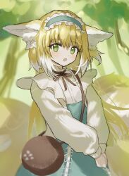 Rule 34 | 1girl, 2naom8q6gt87292, animal ear fluff, animal ears, aqua hairband, aqua skirt, arknights, bag, blonde hair, blurry, blurry background, brown bag, brown ribbon, cardigan, commentary, cross-laced clothes, cross-laced skirt, cross-laced slit, depth of field, fox ears, fox girl, fox tail, frilled hairband, frills, green eyes, hair ornament, hair scrunchie, hairband, high-waist skirt, highres, kitsune, kyuubi, long hair, long sleeves, looking at viewer, multicolored hair, multiple tails, neck ribbon, official alternate costume, open mouth, outdoors, own hands together, puffy long sleeves, puffy sleeves, ribbon, round bag, scrunchie, shirt, shoulder bag, skirt, solo, suzuran (arknights), suzuran (spring praise) (arknights), tail, two-tone hair, upper body, white cardigan, white hair, white shirt