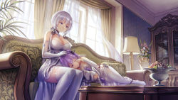 Rule 34 | 2girls, anbe yoshirou, azur lane, blue eyes, breasts, cleavage, couch, cupboard, curtains, dress, elbow gloves, gloves, highres, illustrious (azur lane), lampshade, lap pillow, large breasts, lying, mole, mole under eye, multiple girls, on side, revision, stuffed animal, stuffed toy, stuffed winged unicorn, thighhighs, unicorn (azur lane), white hair, white legwear, window