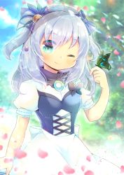 Rule 34 | 1girl, ;), animal, animal on hand, apron, blue bow, blurry, blurry background, blush, bow, breasts, bug, butterfly, closed mouth, commentary request, copyright request, day, depth of field, green eyes, hair between eyes, hair bow, hand up, insect, kou hiyoyo, long hair, one eye closed, outdoors, petals, puffy short sleeves, puffy sleeves, rainbow, shirt, short sleeves, silver hair, small breasts, smile, solo, tree, two side up, waist apron, white apron, white shirt
