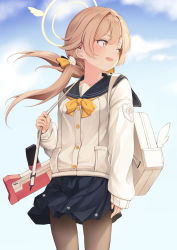 Rule 34 | 1girl, absurdres, arm at side, bag, blue archive, bow, brown hair, day, hair bow, halo, handbag, hifumi (blue archive), highres, long hair, long sleeves, looking to the side, low twintails, outdoors, pantyhose, sayu (mini 2704), school uniform, serafuku, solo, standing, twintails, yellow bow