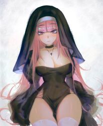 Rule 34 | 1girl, alternate costume, black dress, breasts, cleavage, covered navel, cross, dress, highres, hololive, hololive english, large breasts, long hair, looking at viewer, mori calliope, navel, nun, pink hair, red eyes, s7nsles, solo, straight hair, virtual youtuber