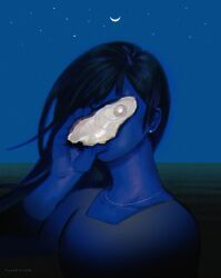 Rule 34 | 1girl, artist name, black hair, blue skin, closed mouth, collarbone, colored skin, covered face, crescent moon, dated, earrings, facing viewer, gem, hand up, highres, holding, holding shell, horizon, iridescent, jewelry, long hair, moon, necklace, night, original, outdoors, oyster, pearl (gemstone), shell, shirt, sky, solo, star (sky), starry sky, stud earrings, twohairs, upper body, vignetting