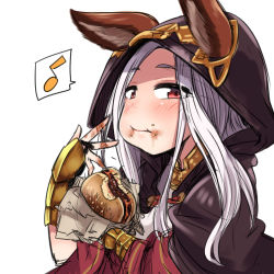 Rule 34 | 10s, 1girl, :t, amagaeru (hylathewet), animal ears, blush, cat ears, cloak, ears through headwear, eating, fingerless gloves, food, gloves, granblue fantasy, burger, hood, hooded cloak, long hair, looking at viewer, musical note, red eyes, scathacha (granblue fantasy), short eyebrows, silver hair, simple background, solo, spoken musical note, upper body, white background