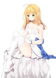 Rule 34 | 1girl, :o, adjusting clothes, adjusting legwear, ahoge, alternate hairstyle, artoria pendragon (all), artoria pendragon (fate), bad id, bad pixiv id, bare arms, bare shoulders, blonde hair, blush, breasts, choker, cleavage, dress, fate/stay night, fate (series), feet out of frame, gloves, green eyes, hair down, high heels, highres, leg up, long hair, looking at viewer, official alternate costume, ongyageum, open mouth, saber (fate), shoes, simple background, sitting, small breasts, solo, strapless, strapless dress, thighhighs, white background, white choker, white dress, white footwear, white gloves, white thighhighs