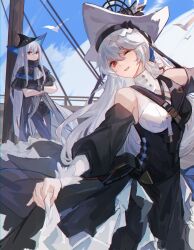 Rule 34 | 2girls, ;), absurdres, arknights, bird, black capelet, black dress, black headwear, black pants, capelet, chinese commentary, closed mouth, cloud, collar, commentary, day, detached sleeves, dress, grey hair, hair between eyes, hat, highres, long hair, long sleeves, looking at another, multiple girls, one eye closed, pants, parted lips, red eyes, seagull, sidelocks, skadi (arknights), skirt hold, sky, smile, specter (arknights), specter the unchained (arknights), very long hair, was775, white collar