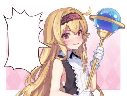 Rule 34 | 1girl, bare arms, blonde hair, blush, breasts, dress, gloves, hair between eyes, hairband, highres, holding, holding staff, holding weapon, little witch nobeta, long hair, nobeta, official art, red eyes, red hairband, sidelocks, sleeveless, sleeveless dress, small breasts, speech bubble, staff, striped clothes, striped dress, upper body, vertical-striped clothes, vertical-striped dress, weapon, white gloves