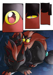 Rule 34 | claws, close-up, colored sclera, comic, creatures (company), eye focus, closed eyes, game freak, gen 5 pokemon, gen 7 pokemon, half-closed eye, highres, litten, looking at viewer, nintendo, no humans, pokemon, pokemon (creature), red eyes, sleeping, suan ringo, uneven eyes, yellow sclera, zoroark, zorua
