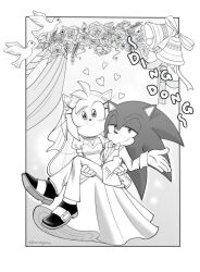 Rule 34 | 1boy, 1girl, alternate costume, amy rose, azazellover69, bird, blush, bride, carrying, commentary, dress, english commentary, formal, groom, looking at viewer, princess carry, smile, smug, sonic (series), sonic the hedgehog, suit, wedding dress