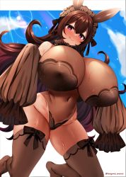 Rule 34 | 1girl, animal ears, bare shoulders, bell sleeves, breasts, brown hairband, brown legwear, brown sleeves, collar, covered navel, curvy, detached sleeves, fake animal ears, feet out of frame, female focus, frilled collar, frilled hairband, frills, from below, gigantic breasts, hair between eyes, hairband, heart, heart-shaped pupils, kneeling, legs apart, leotard, licking lips, light rays, long hair, looking at viewer, looking down, maid headdress, marota, naughty face, navel, original, outdoors, outside border, pillarboxed, pink eyes, playboy bunny, rabbit ears, see-through, sleeves past wrists, solo, stomach, sweat, symbol-shaped pupils, thighs, tongue, tongue out, very long hair, very long sleeves, wavy hair, wide hips