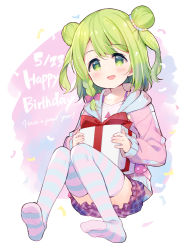 Rule 34 | 1girl, :d, blush, bow, box, braid, collarbone, commentary request, dated, double bun, english text, full body, gift, gift box, green eyes, green hair, hair bow, hair bun, happy birthday, holding, holding gift, hood, hood down, hooded jacket, jacket, long sleeves, looking at viewer, meito (maze), morinaka kazaki, nijisanji, no shoes, open clothes, open jacket, open mouth, pink jacket, plaid, plaid skirt, purple skirt, red bow, shirt, single braid, skirt, sleeves past wrists, smile, soles, solo, striped clothes, striped thighhighs, thighhighs, two side up, virtual youtuber, white shirt