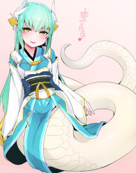 Rule 34 | 1girl, aqua hair, blush, fate/grand order, fate (series), horns, japanese clothes, kimono, kiyohime (fate), lamia, long hair, monster girl, pink background, simple background, smile, snake tail, solo, solopipb, tail, yellow eyes