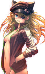 Rule 34 | 1girl, :d, animal hat, badge, black hat, blonde hair, blue eyes, bottomless, boyaking, breasts, button badge, cat hat, coat, cowboy shot, eyepatch, female focus, glasses, grin, groin, hand in pocket, hat, high collar, jacket, long hair, long sleeves, looking at viewer, naked coat, navel, neon genesis evangelion, no bra, one eye covered, open clothes, open jacket, open mouth, out-of-frame censoring, red-framed eyewear, shiny clothes, shiny skin, simple background, small breasts, smile, solo, souryuu asuka langley, stomach, teeth, track jacket, upper body, white background